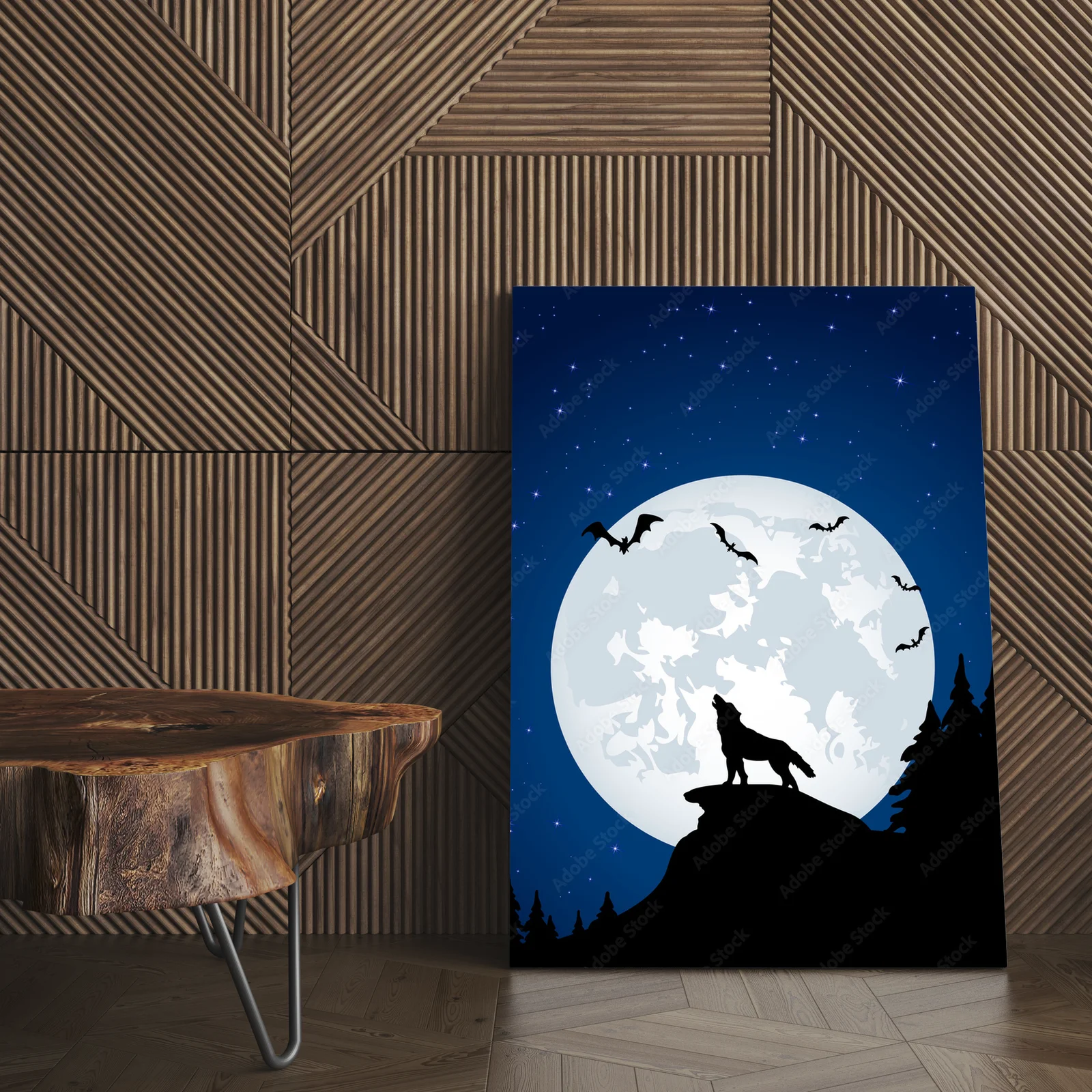 Magiczne nocne pejzaże z wilkiem i księżycem