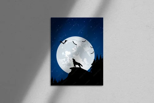 Magiczne nocne pejzaże z wilkiem i księżycem