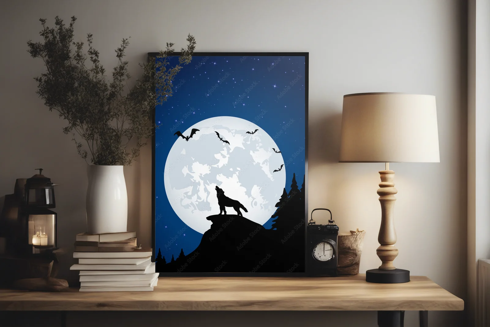 Magiczne nocne pejzaże z wilkiem i księżycem