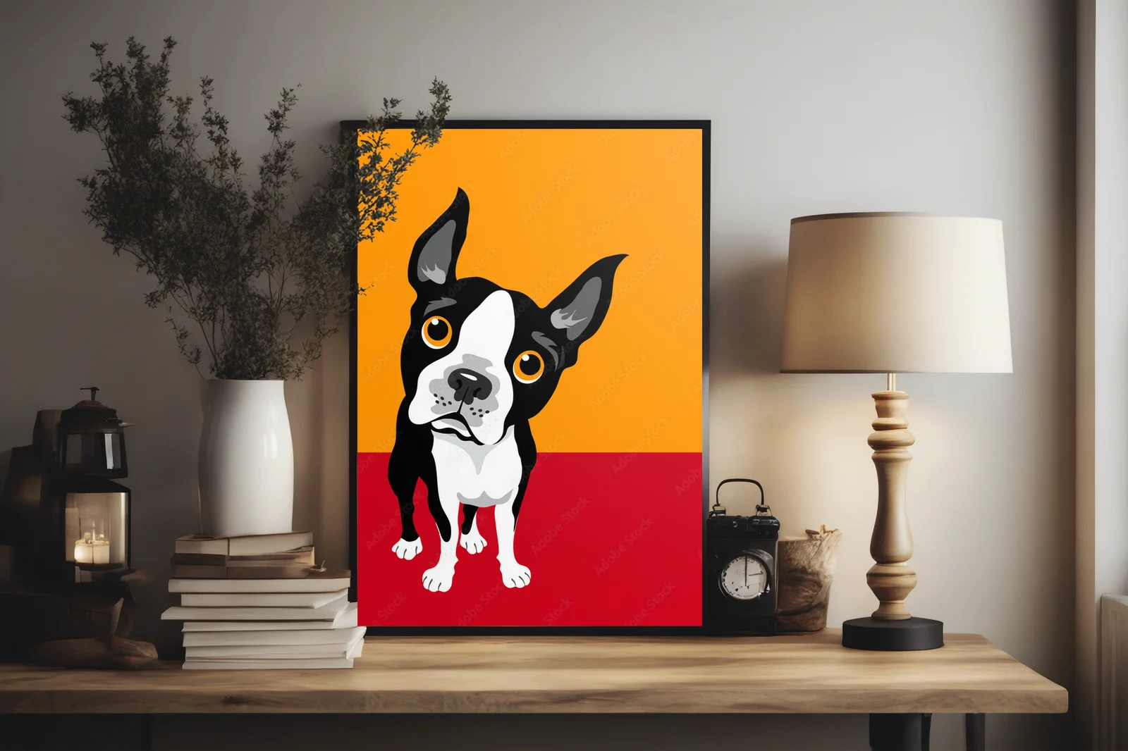 Zabawne ilustracje buldogów bostońskich w żywych kolorach