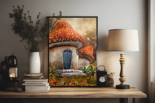 Baśniowy domek z muchomora w leśnych odcieniach