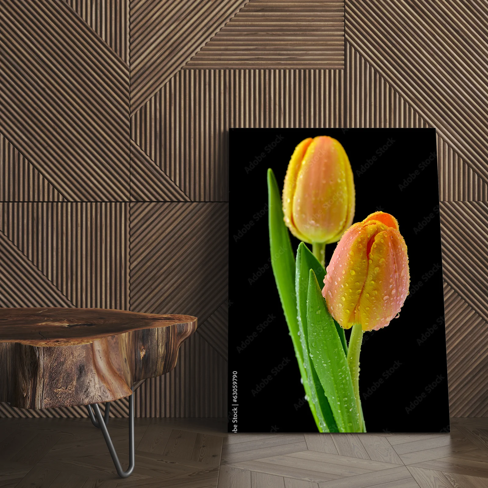 Mokre tulipany na czarnym tle – elegancka kompozycja