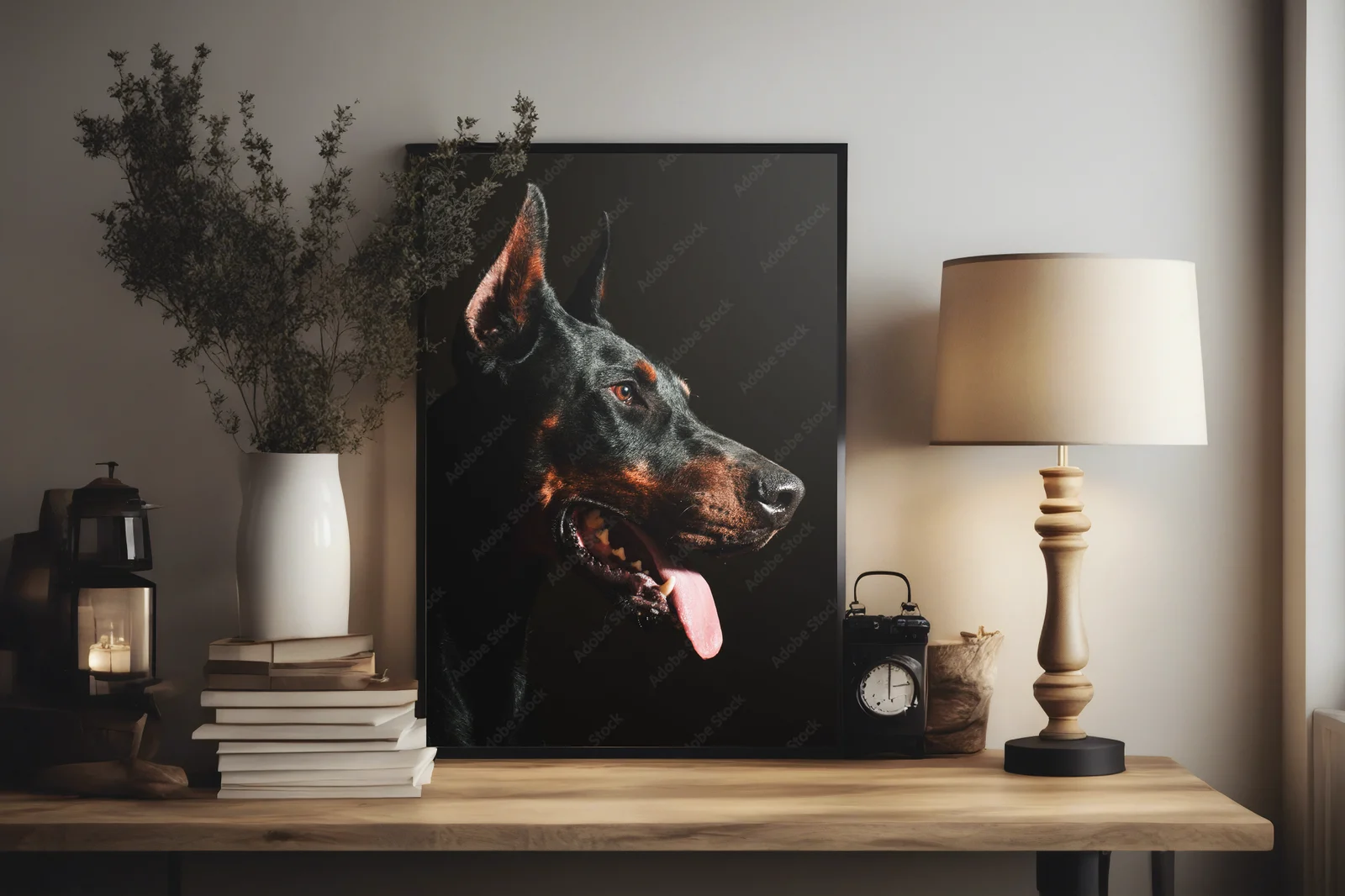 Wspaniale czarne oblicze dobermana w blasku reflektorów