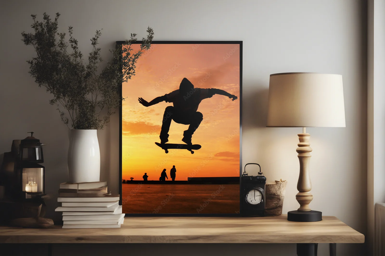 Skateboard na tle miejskiego zachodu słońca