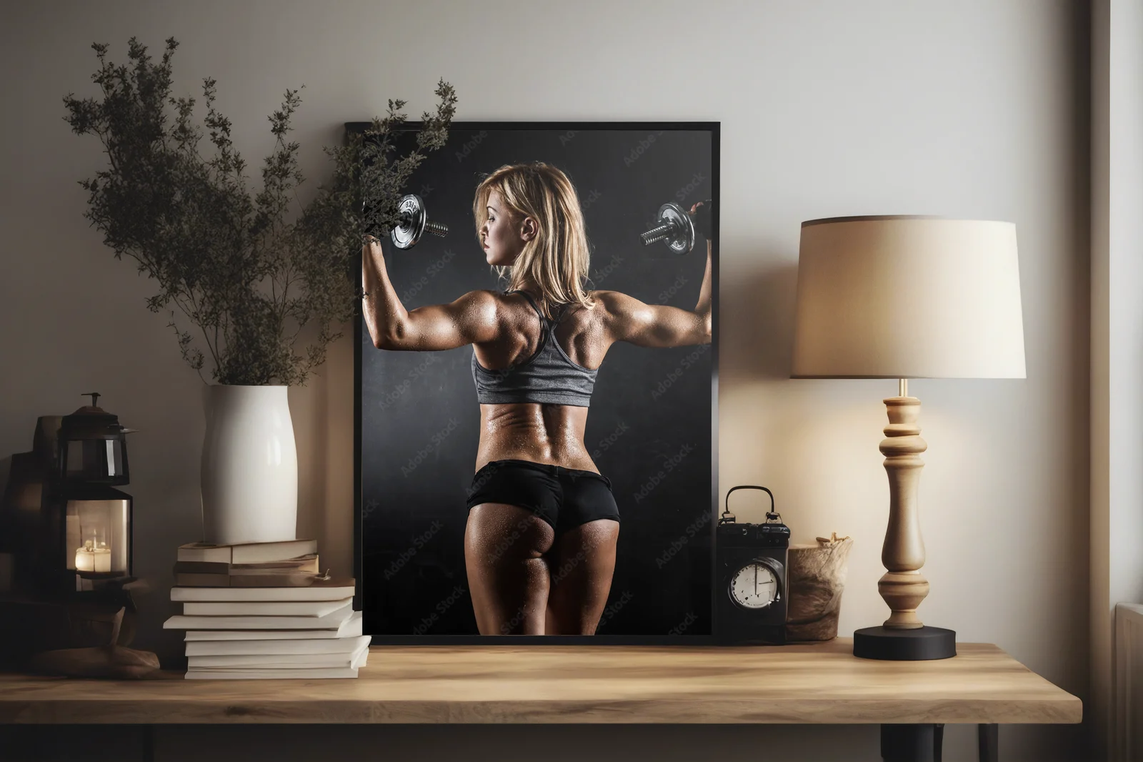 Mistyka siły: Fitness z hantlami w ciemnej aranżacji