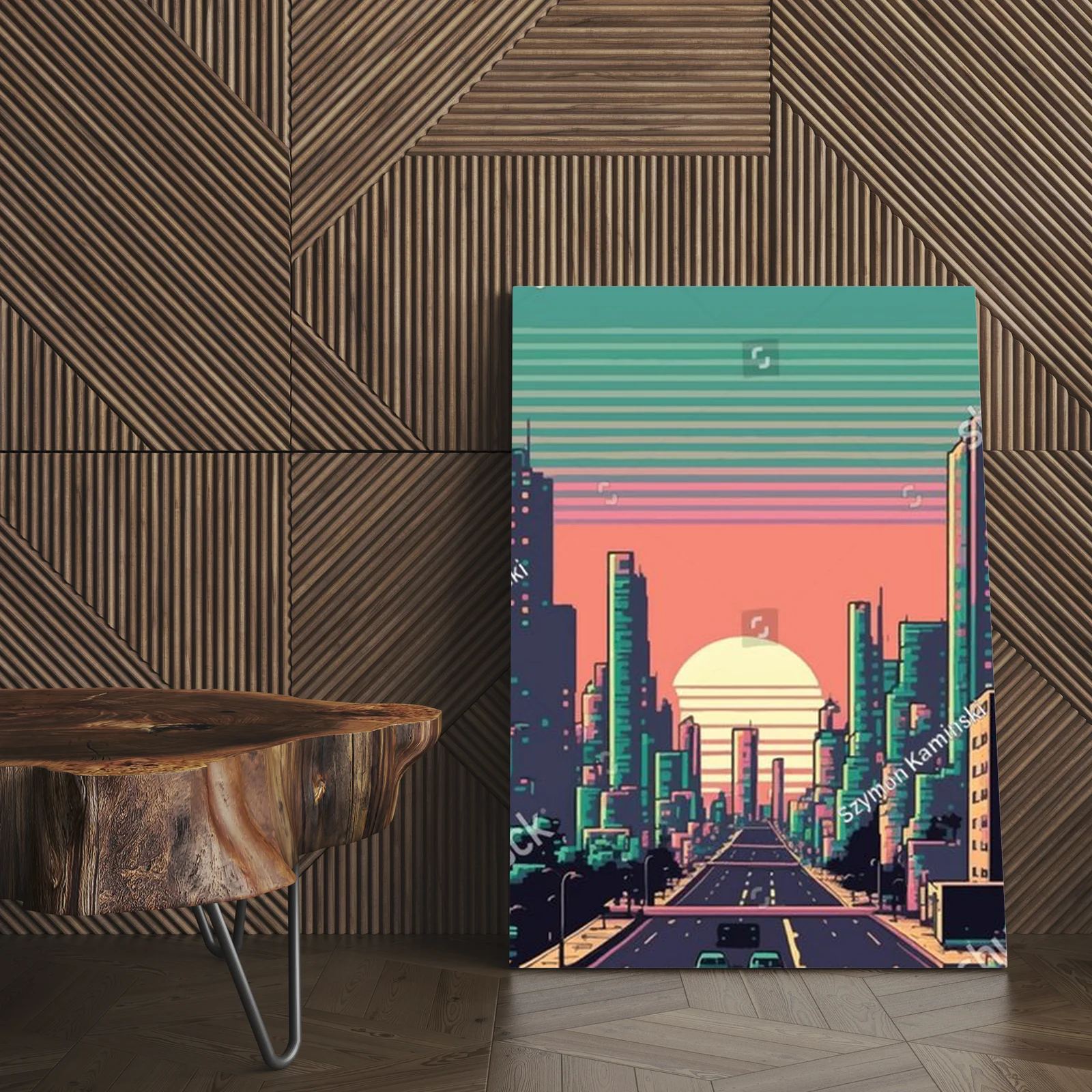 Miejska sceneria w neonowych odcieniach 8-bit