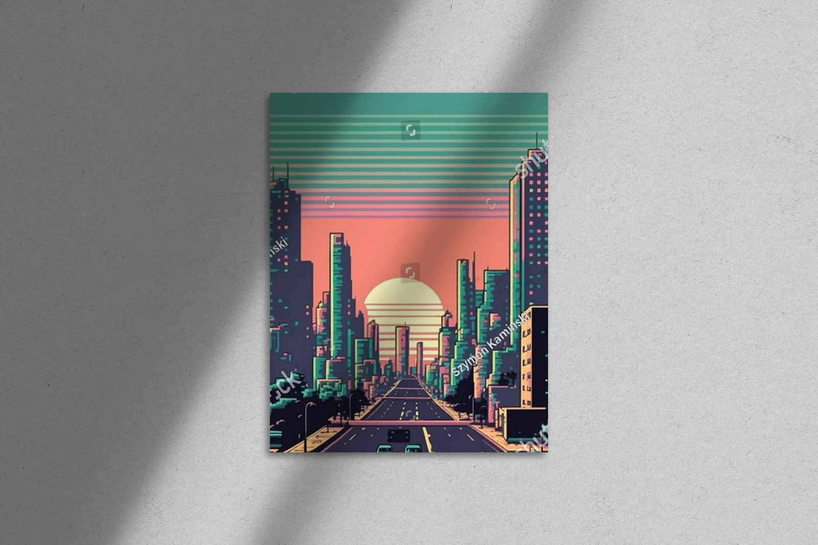 Miejska sceneria w neonowych odcieniach 8-bit