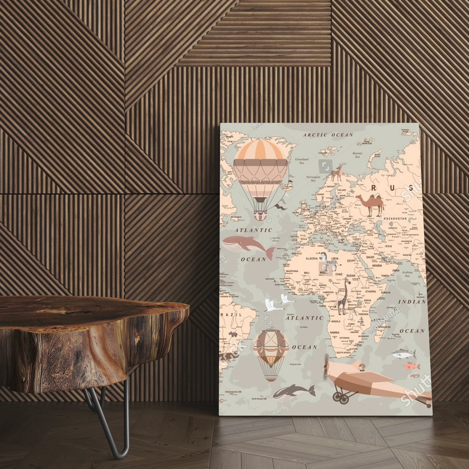 Retro mapa świata z balonami i zwierzętami