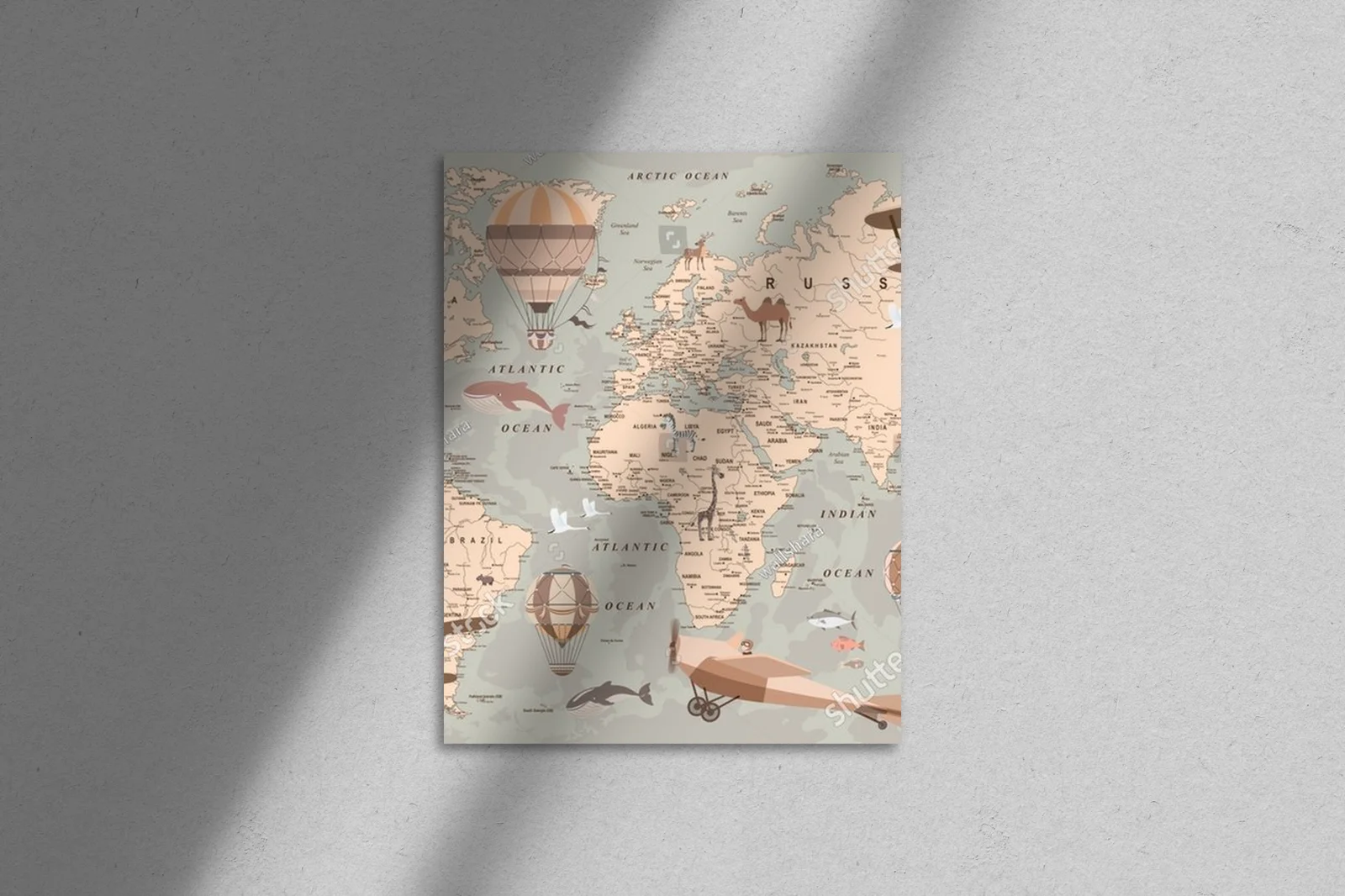 Retro mapa świata z balonami i zwierzętami