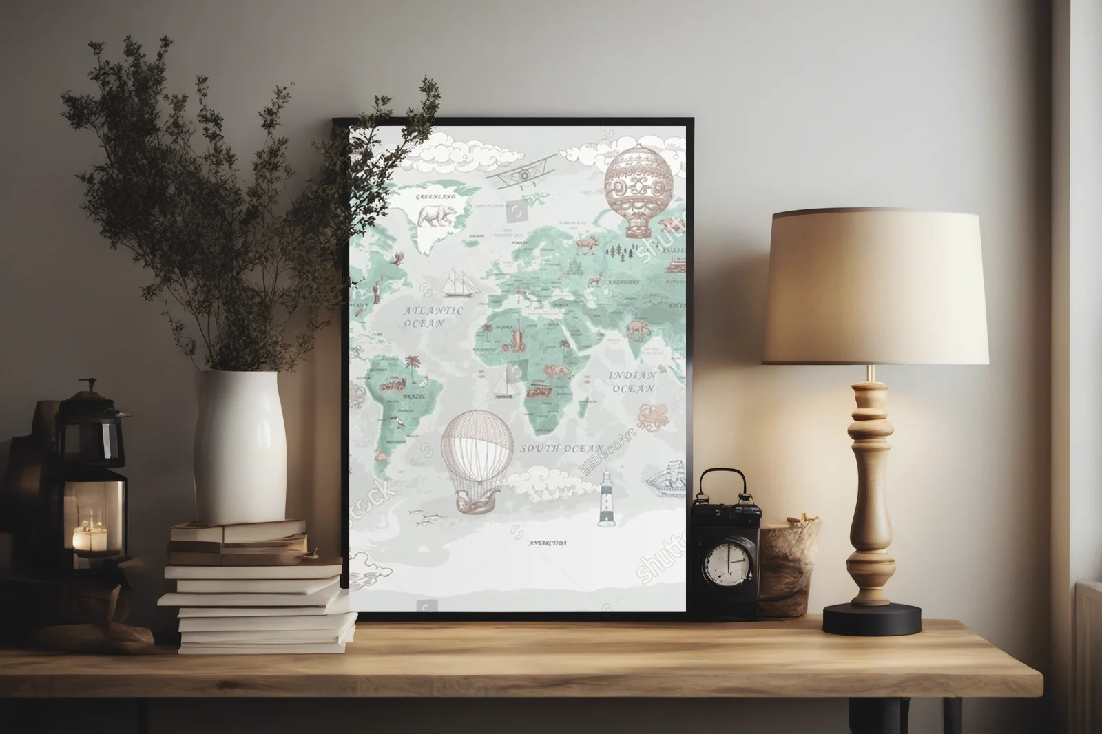 Retro mapa świata z balonami w pastelowych odcieniach