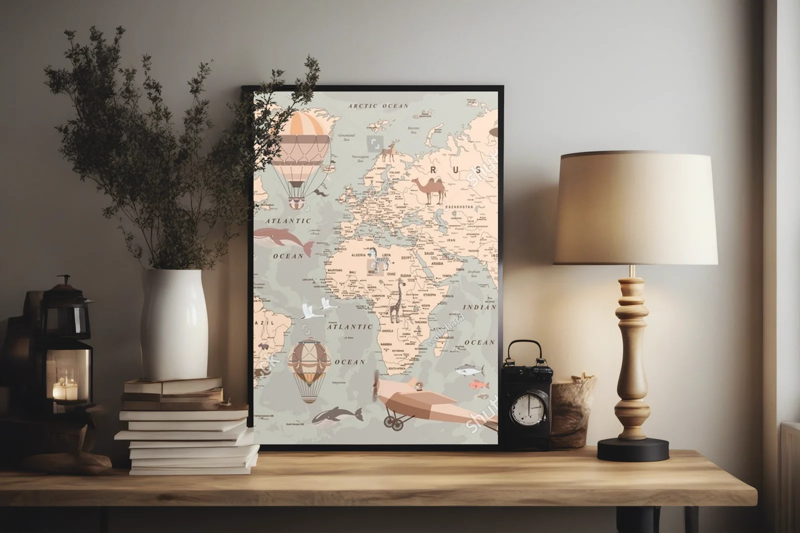 Retro mapa świata z balonami i zwierzętami