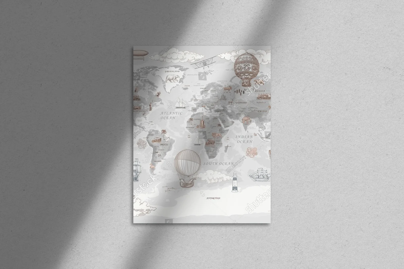 Retro mapa świata dla dzieci z balonami na gorące powietrze