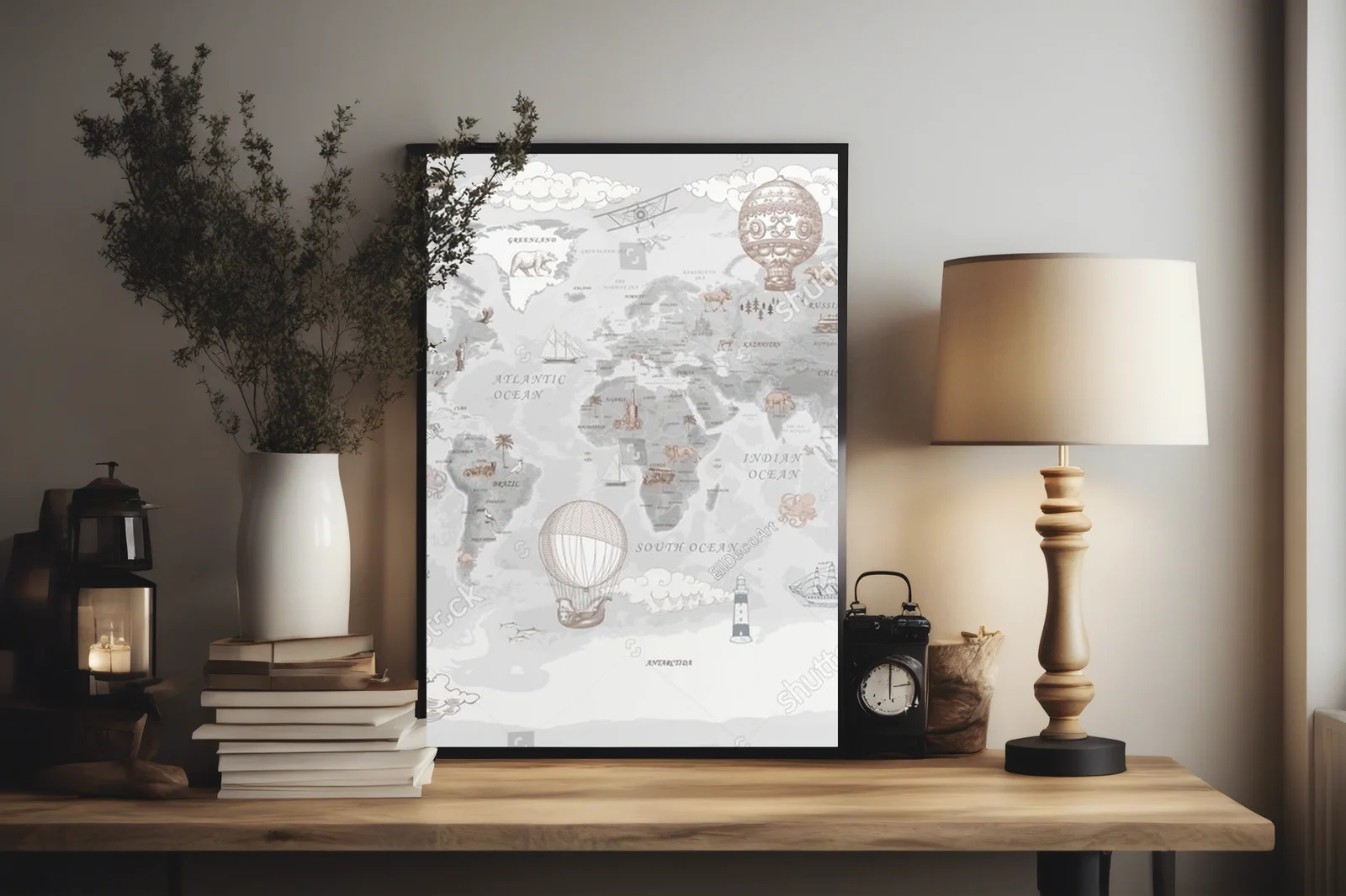 Retro mapa świata dla dzieci z balonami na gorące powietrze