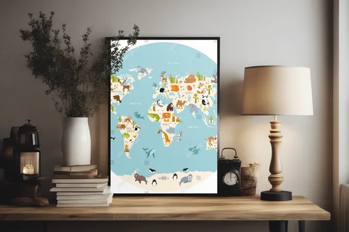 Kolorowa mapa świata z bajkowymi zwierzętami