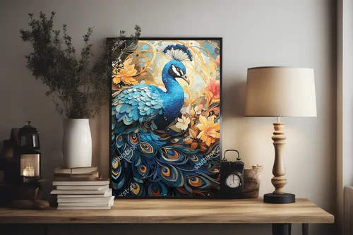 Elegancka kompozycja tanecznego pawia w intensywnych kolorach