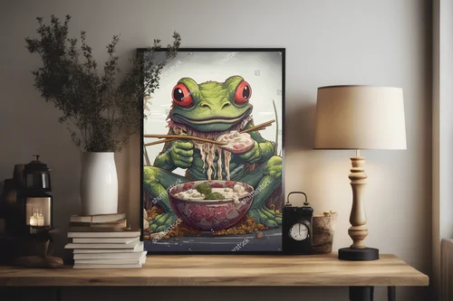 Radosny żaba delektująca się makaronem w pastelowych odcieniach