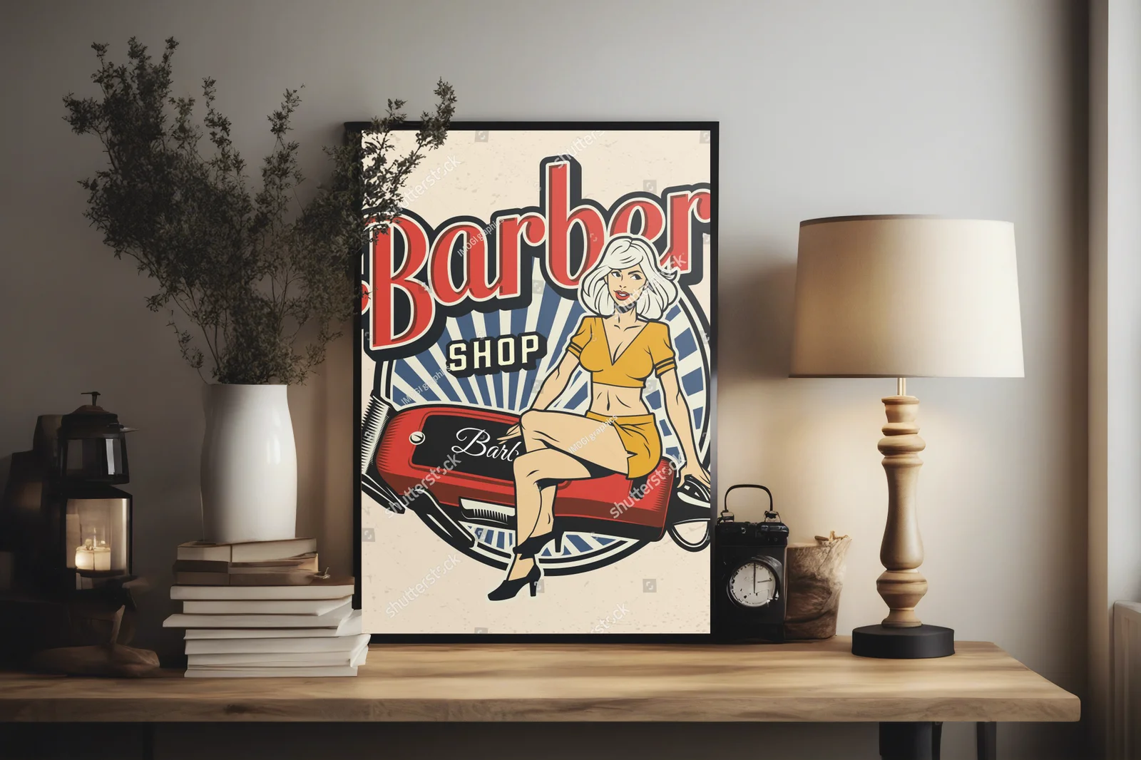 Kolorowy retro design z piękną pinup i maszynką