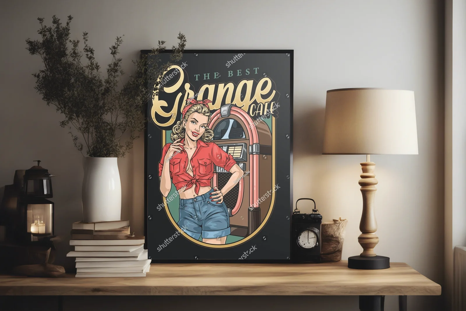 Vintage kafejka z piękną dziewczyną i jukeboxem