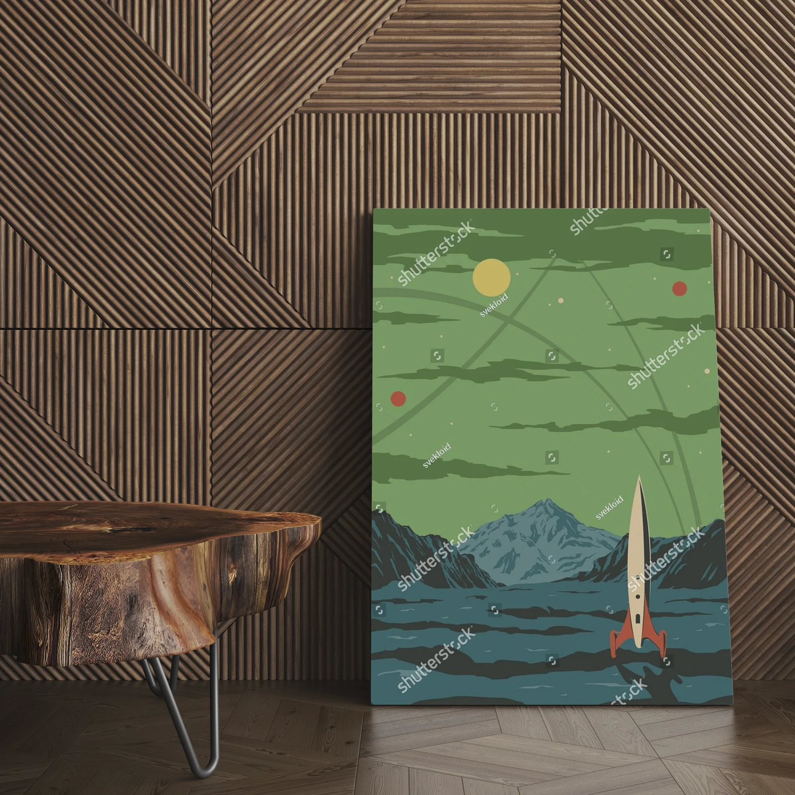 Kosmiczna ilustracja w retro-futurystycznym stylu
