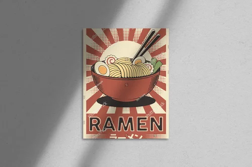 Retro japońska kompozycja ramen w ciepłych odcieniach