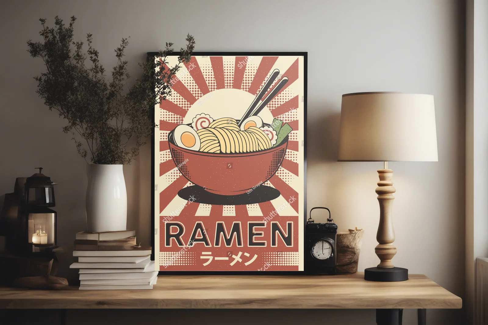 Retro japońska kompozycja ramen w ciepłych odcieniach