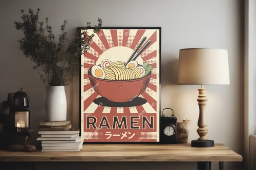 Retro japońska kompozycja ramen w ciepłych odcieniach