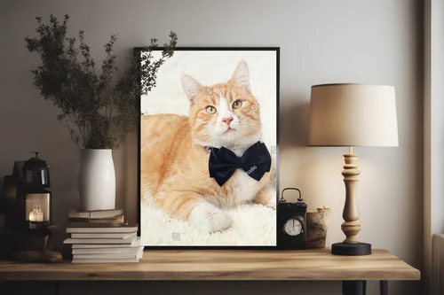 Gingerowy kot z czarną muszką na beżowym tle
