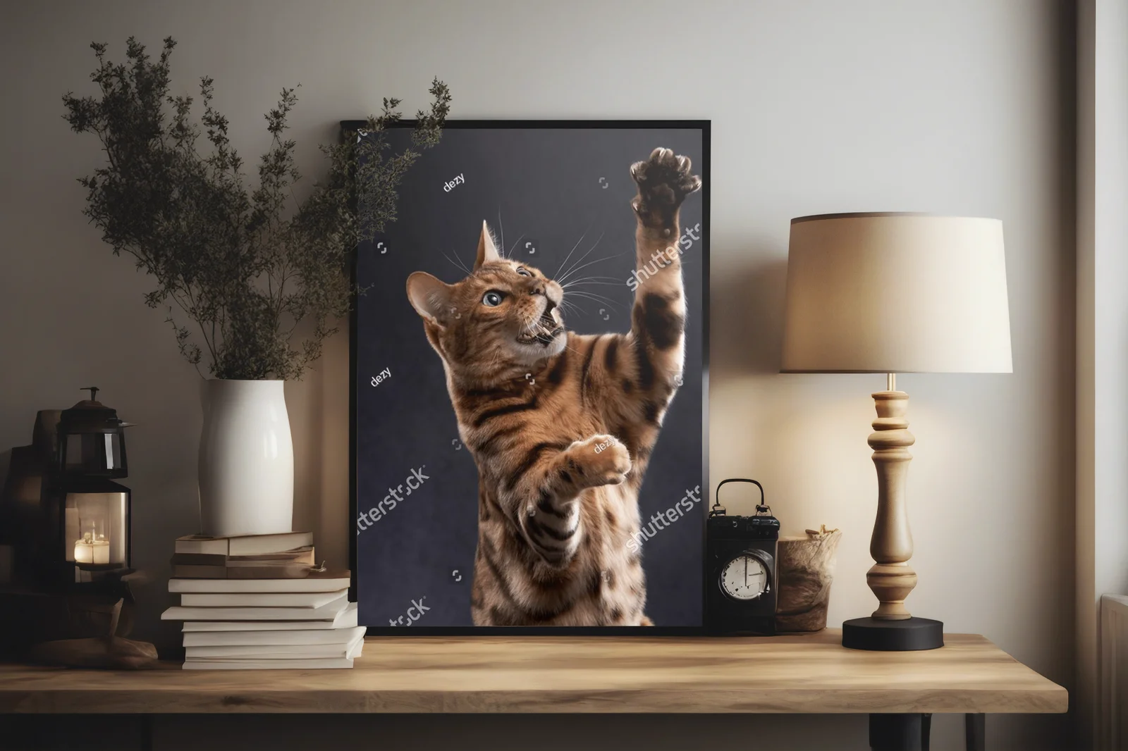 Zabawny bengalski kot w czarnej aranżacji