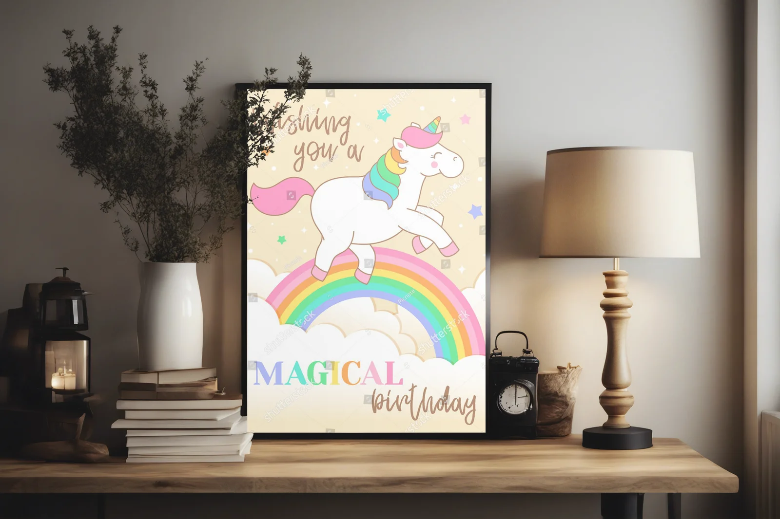 Magiczny jednorożec skaczący przez tęczę