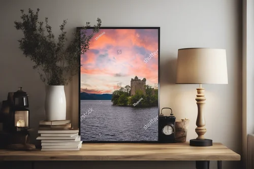 Urquhart Castle nad Loch Ness w ognistym świetle zachodu
