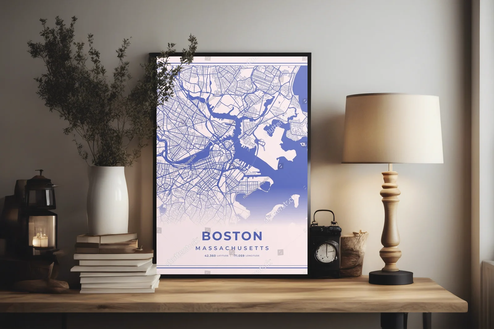 Pastelowa mapa Bostonu w różowo-niebieskich odcieniach