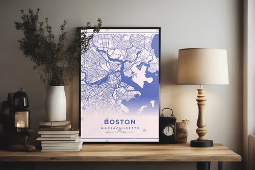 Pastelowa mapa Bostonu w różowo-niebieskich odcieniach