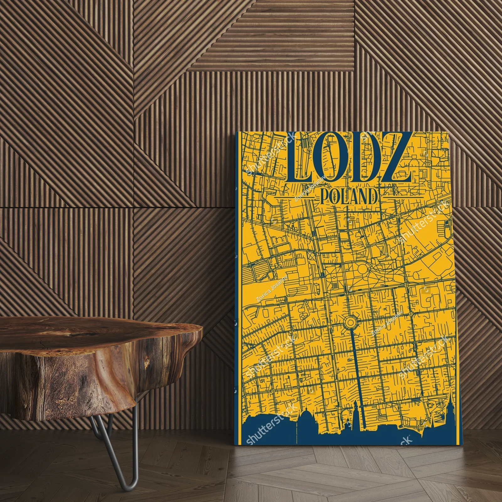 Stylowy plakat z panoramą Łodzi w żółtych tonach