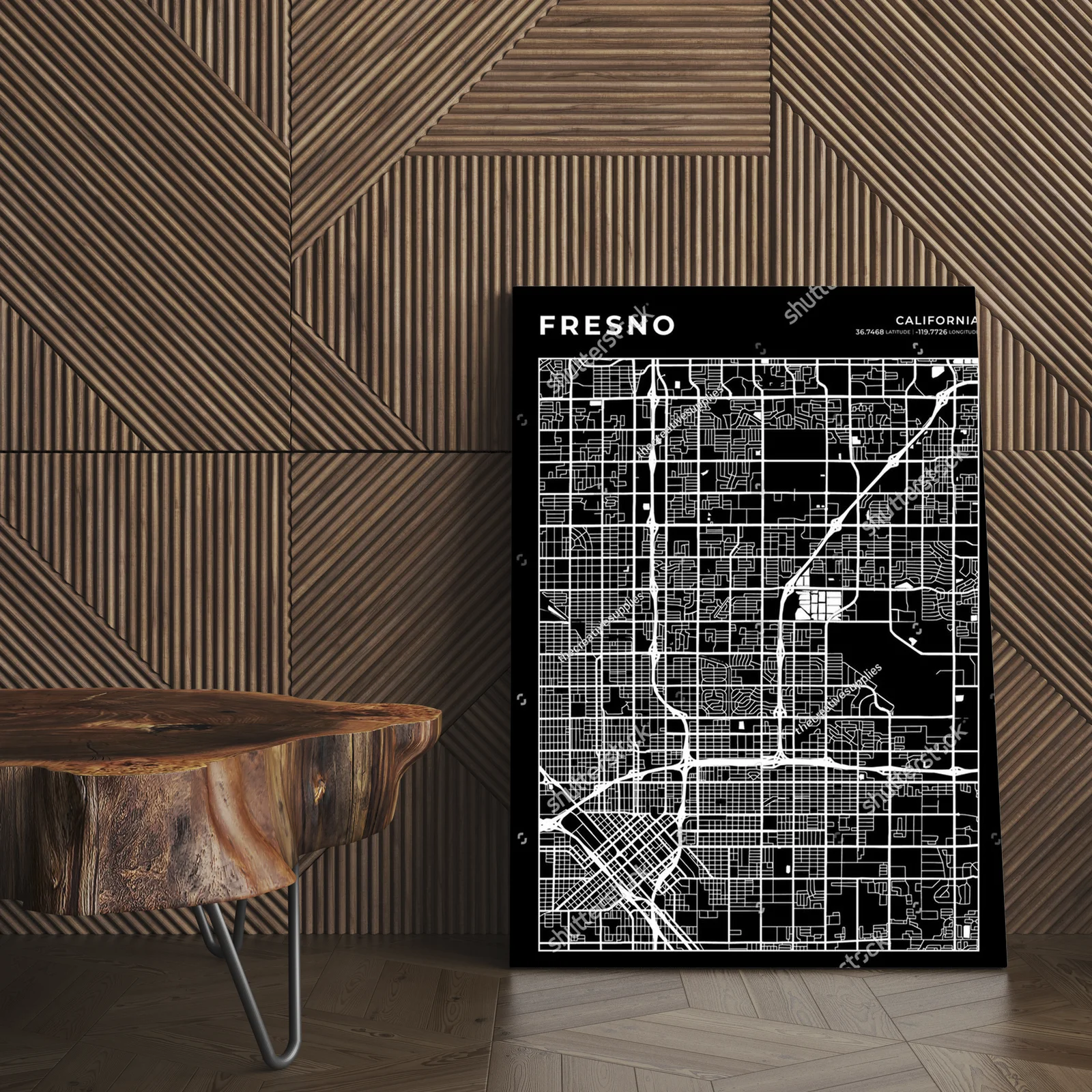 Elegancka mapa Fresno w czerni i bieli