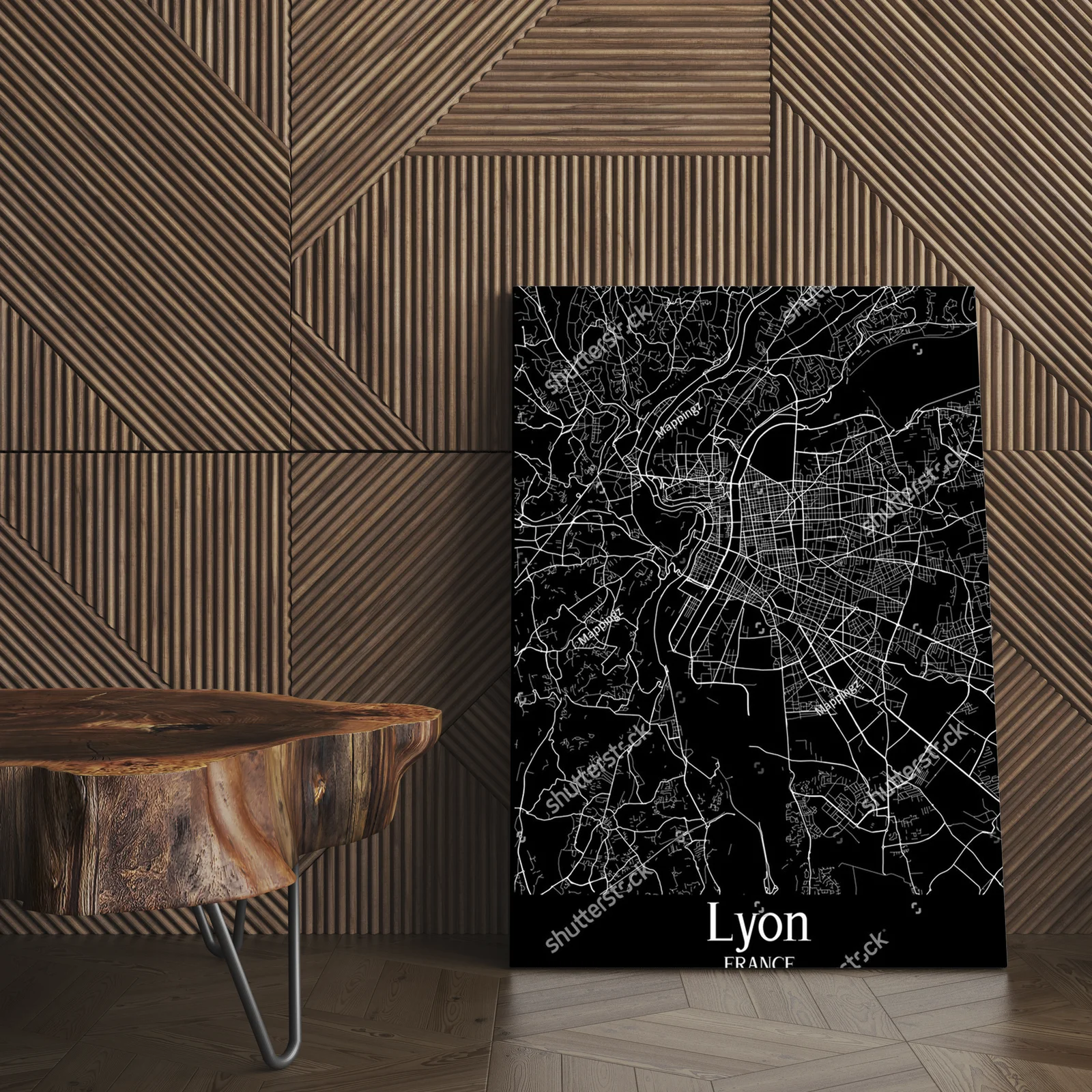 Czarno-biała mapa miasta Lyon w minimalistycznym stylu