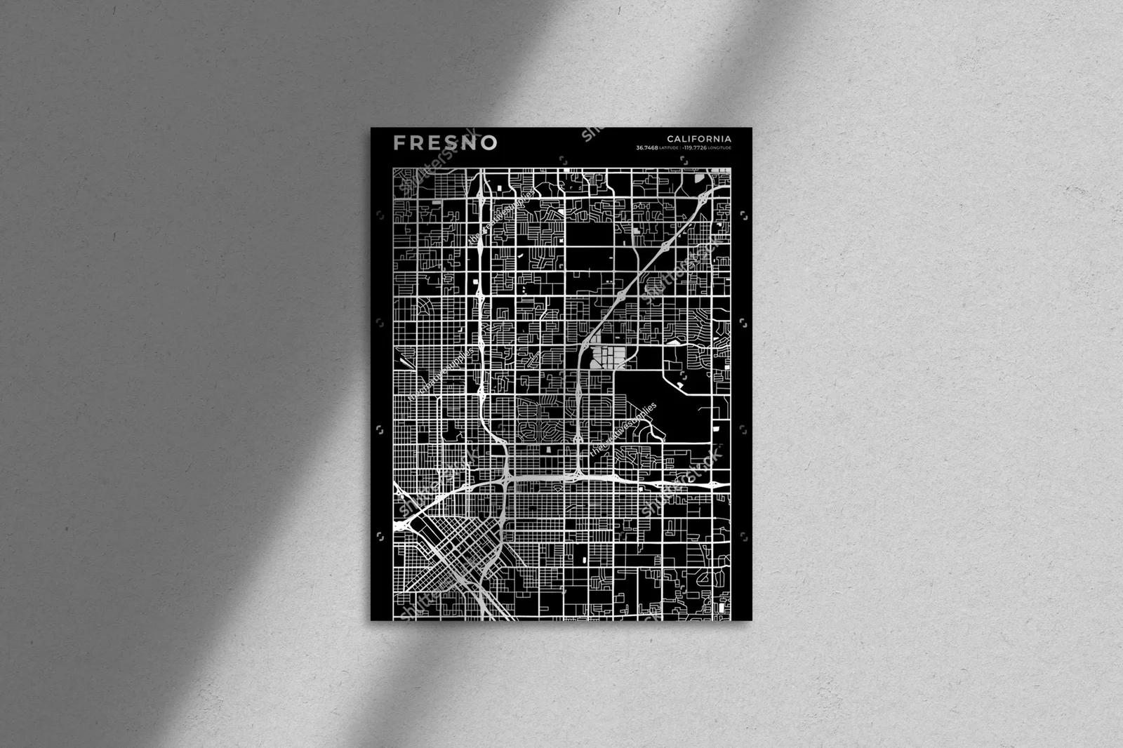 Elegancka mapa Fresno w czerni i bieli