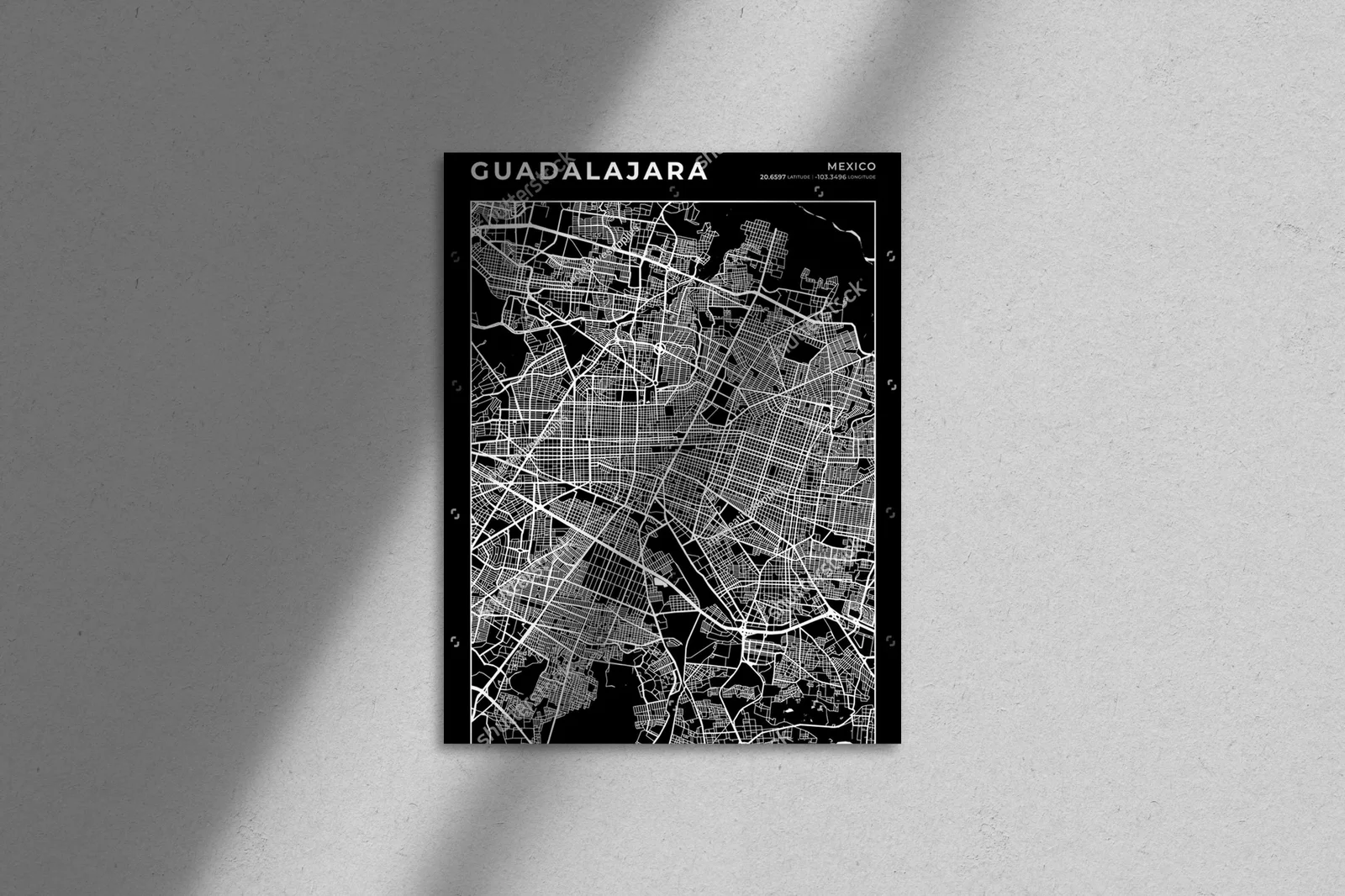 Nowoczesna mapa Guadalajara w monochromatycznej aranżacji