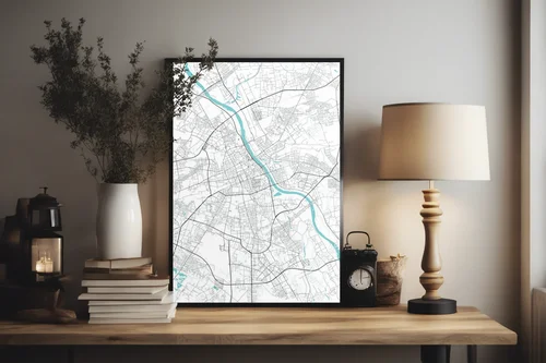 Artystyczna mapa Warszawy w monochromatycznych barwach
