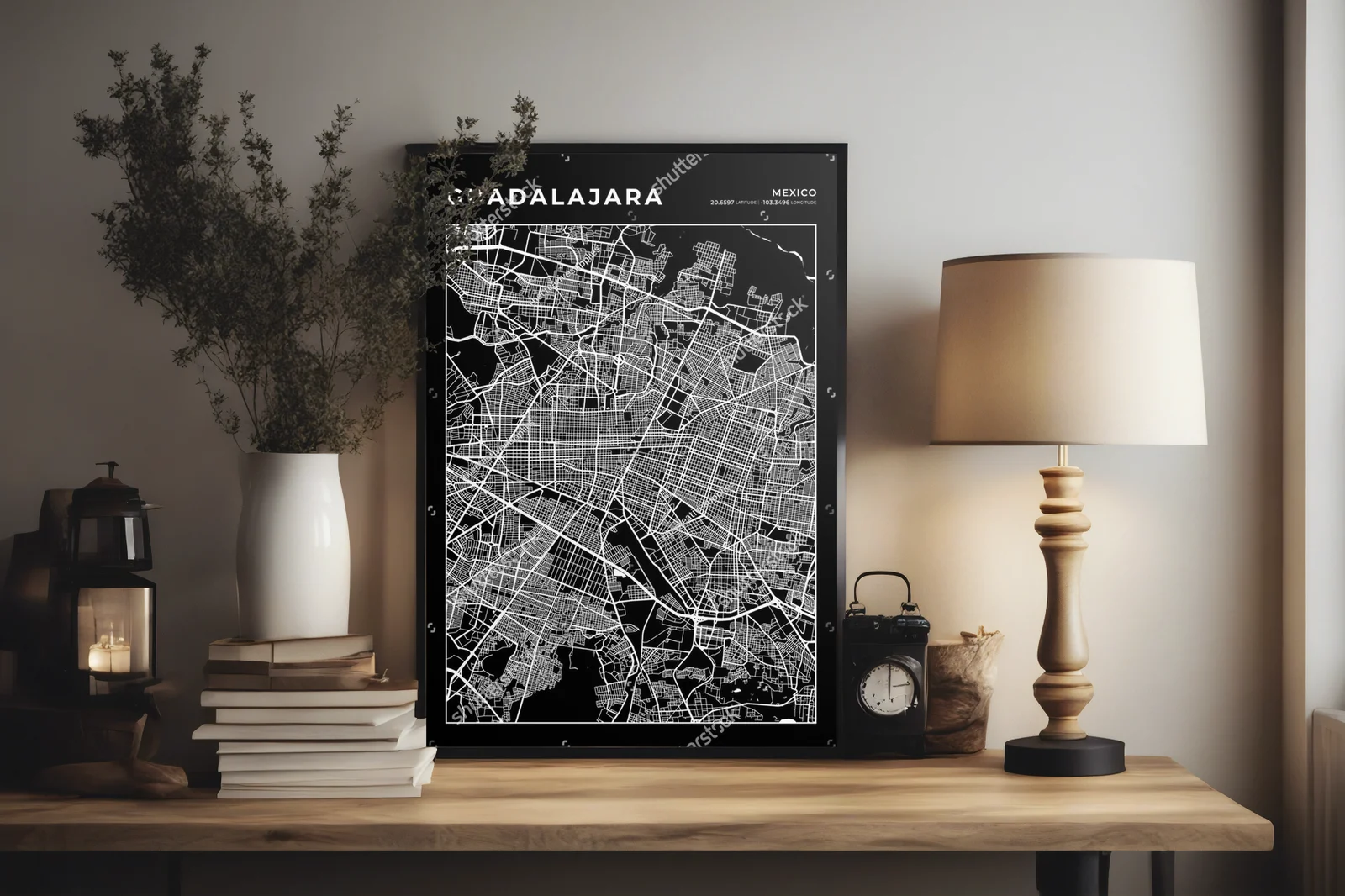 Nowoczesna mapa Guadalajara w monochromatycznej aranżacji