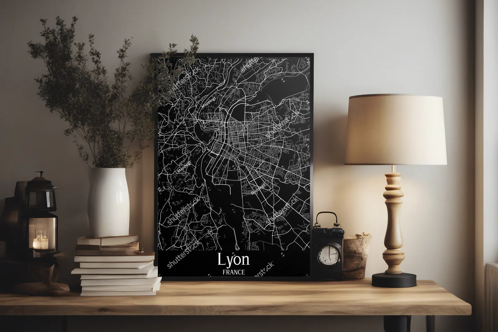 Czarno-biała mapa miasta Lyon w minimalistycznym stylu