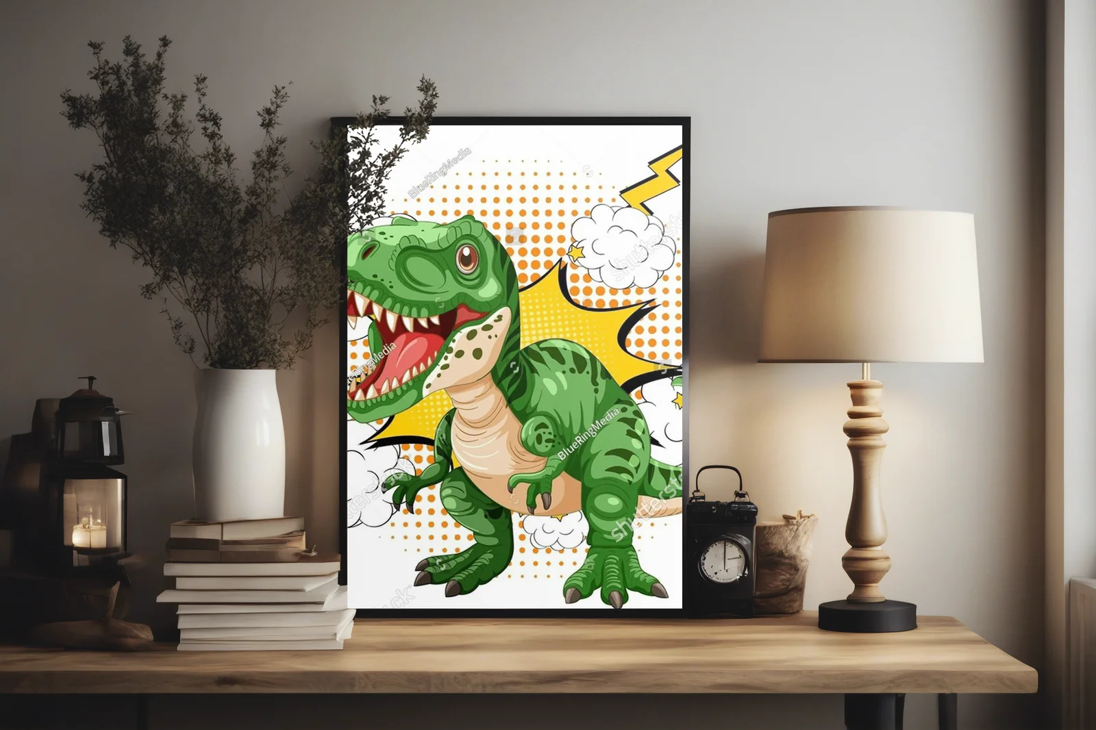 Zielony dinozaur w komiksowej eksplozji kolorów