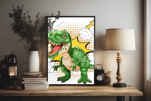 Zielony dinozaur w komiksowej eksplozji kolorów