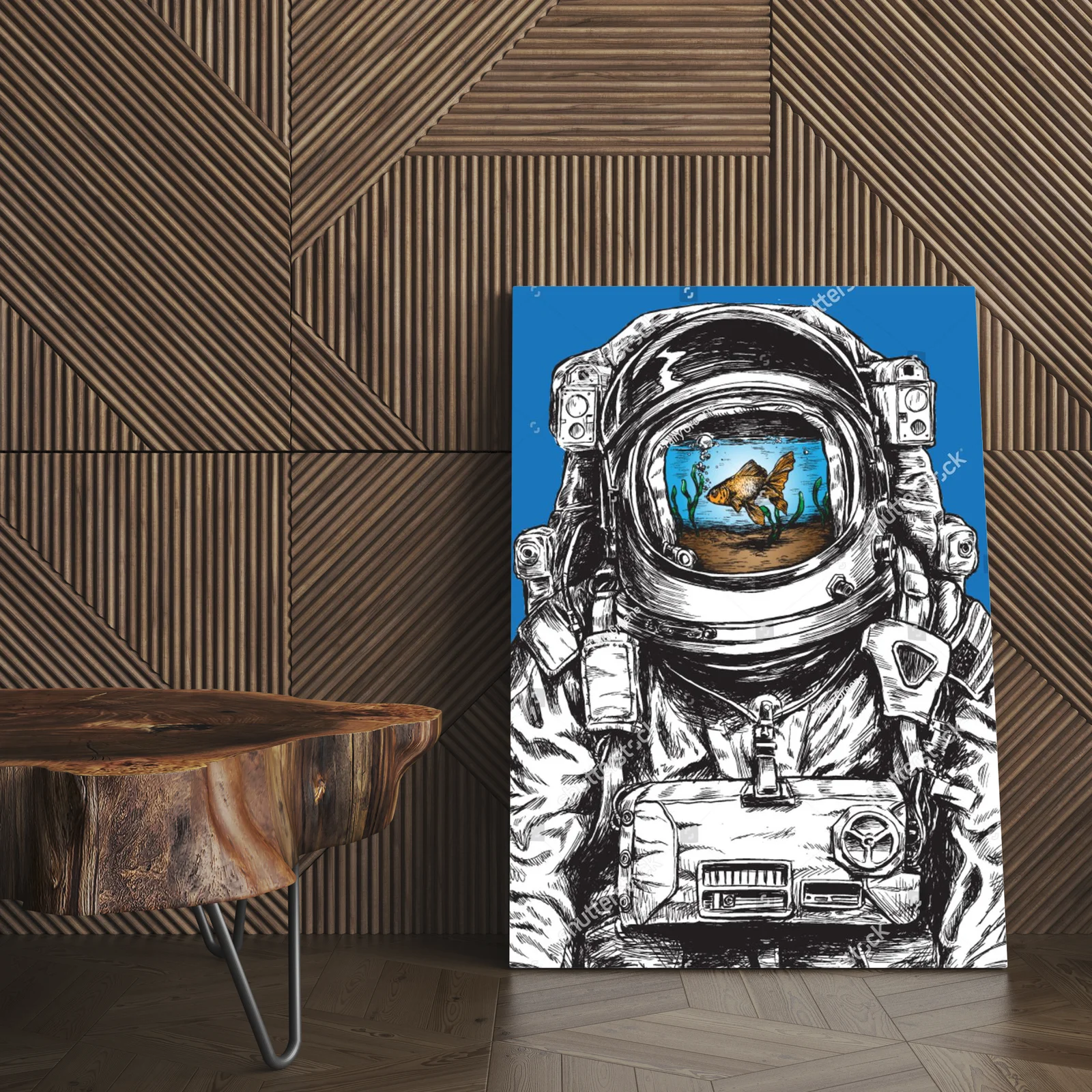 Kosmiczny astronauta z rybkami w złotej otoczce