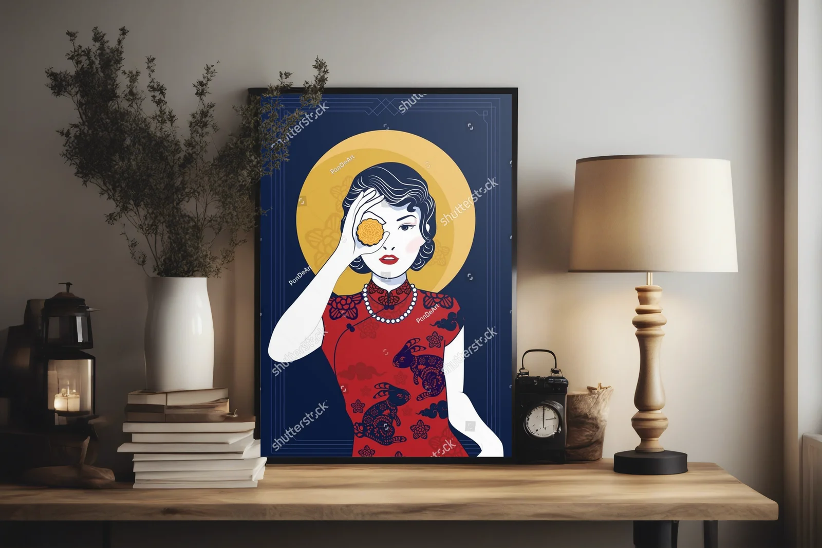 Elegancka chińska dama z księżycem w stylu Art Deco