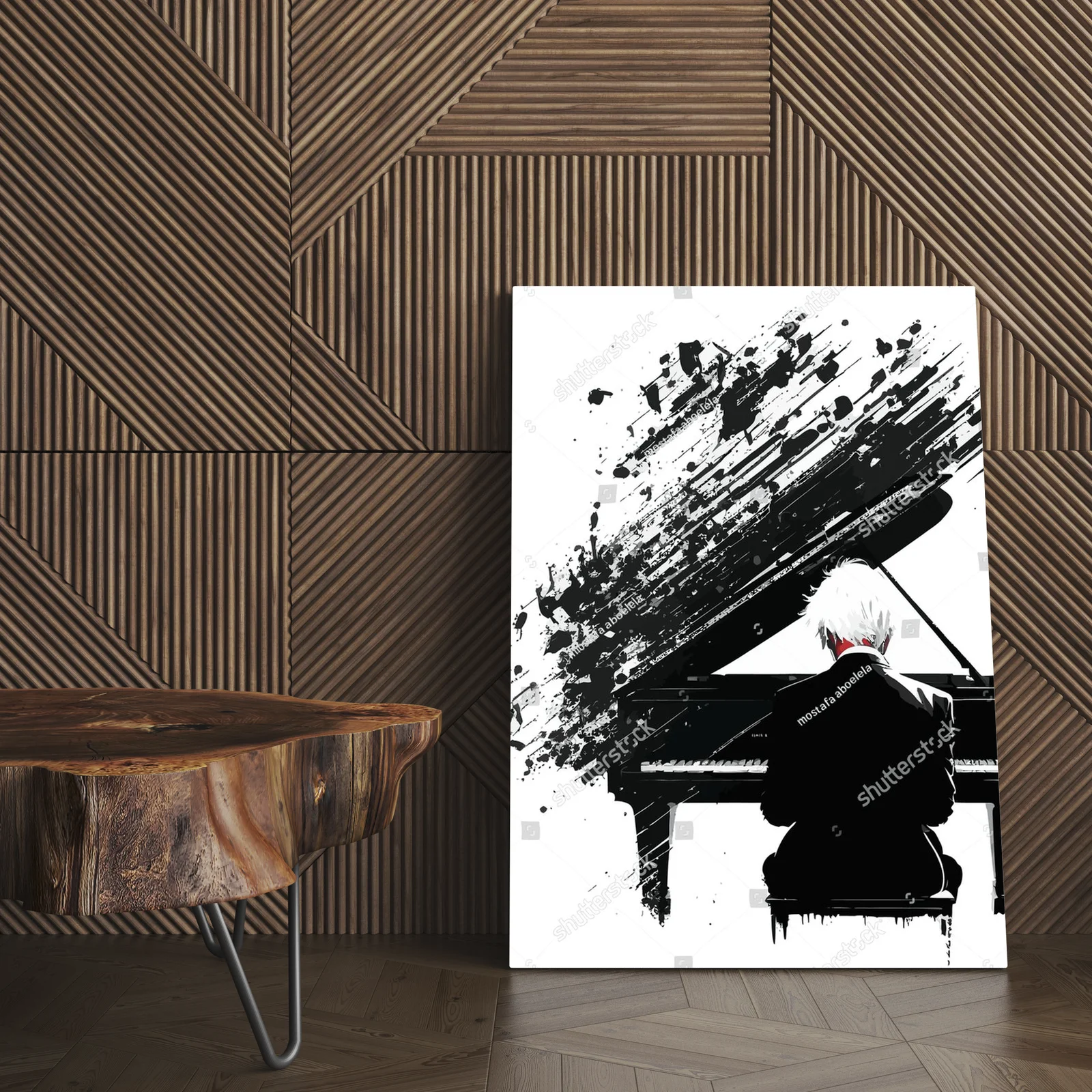 Zmysłowa sylwetka pianisty w monochromatycznej aranżacji