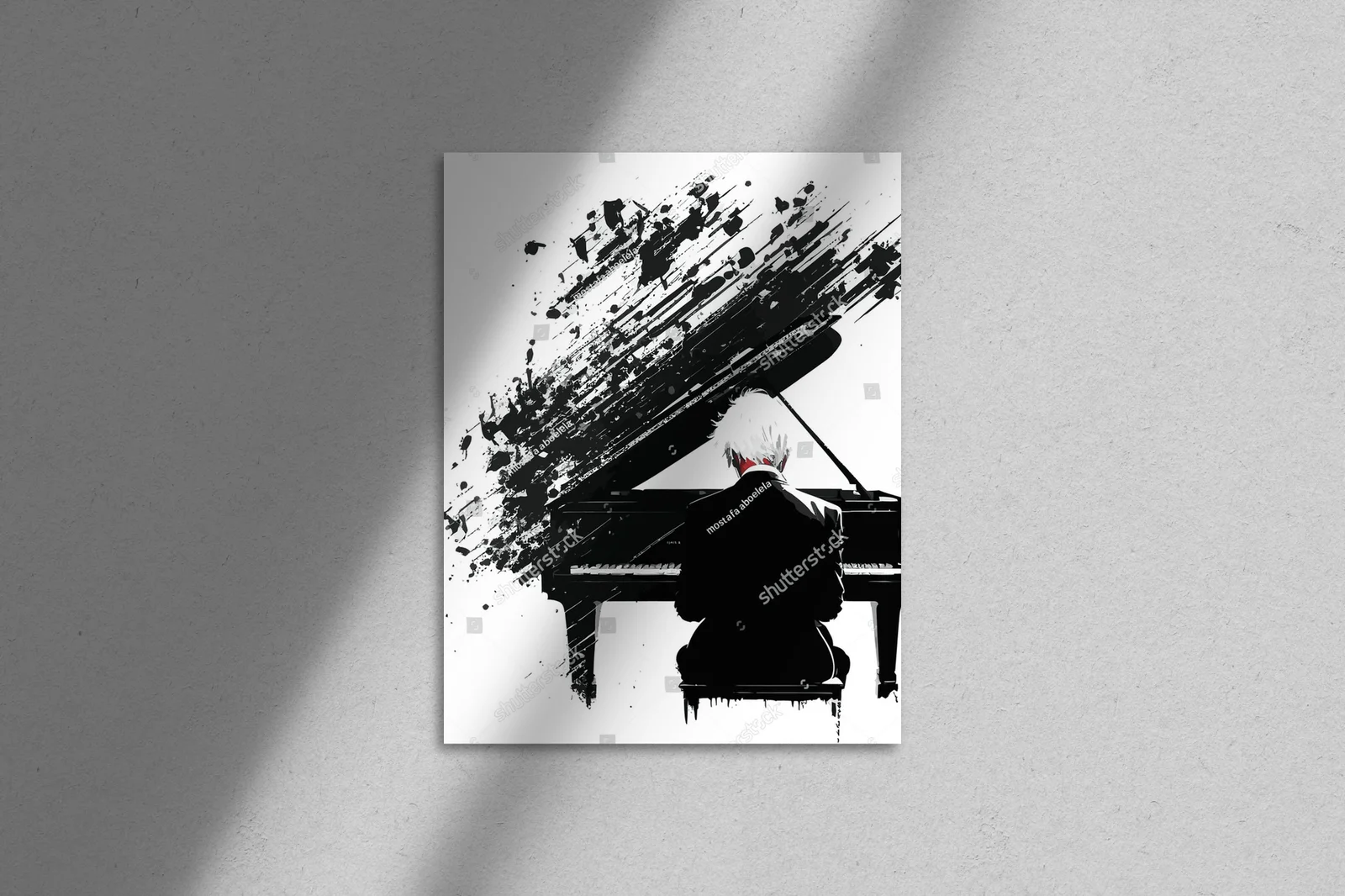 Zmysłowa sylwetka pianisty w monochromatycznej aranżacji