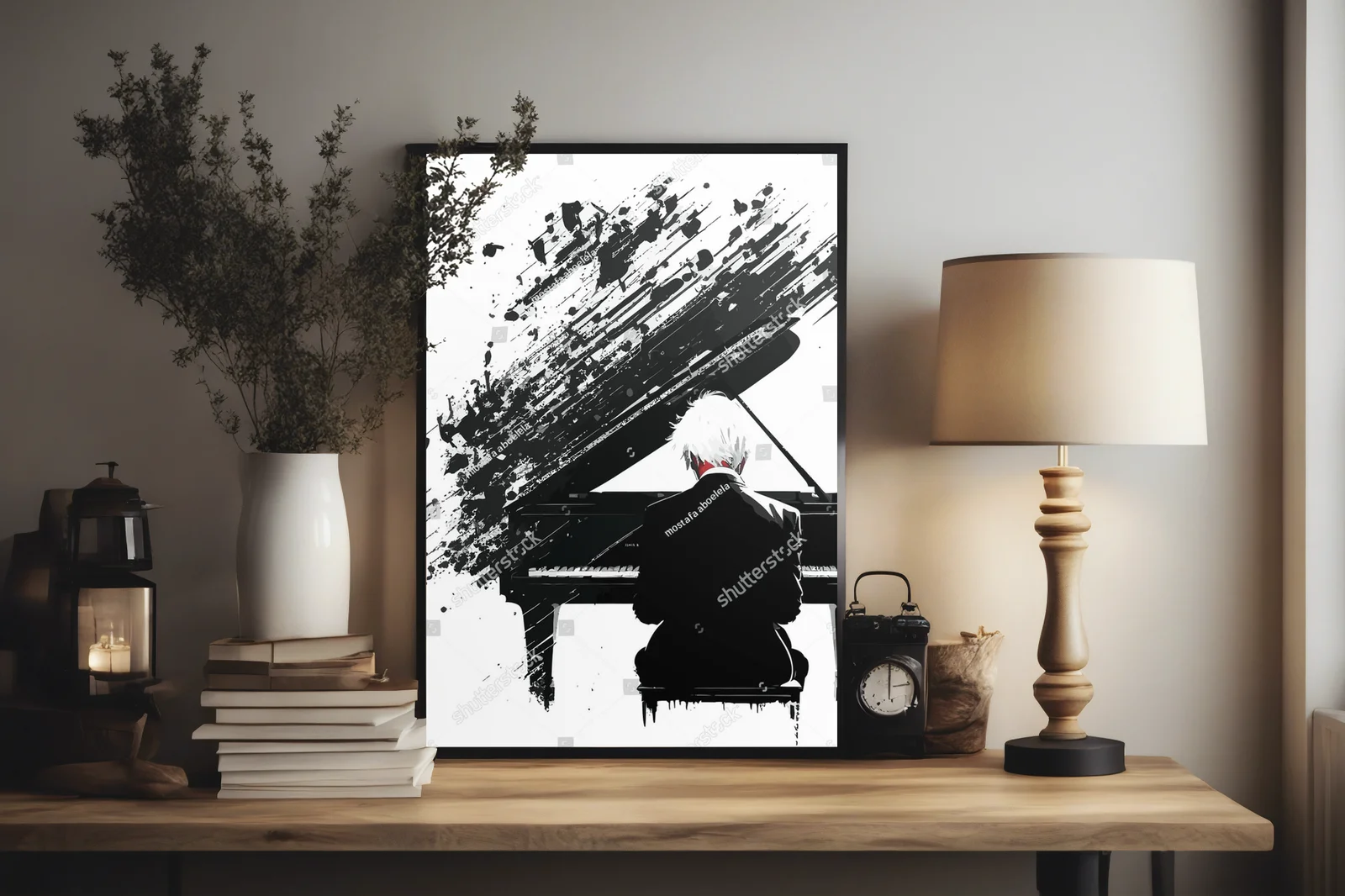 Zmysłowa sylwetka pianisty w monochromatycznej aranżacji