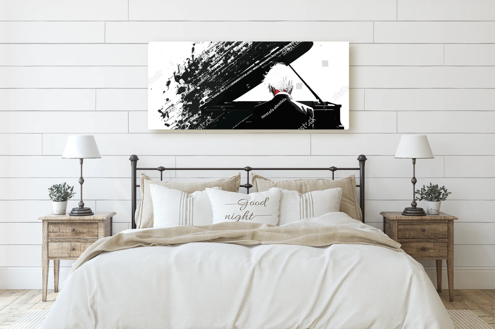 Zmysłowa sylwetka pianisty w monochromatycznej aranżacji