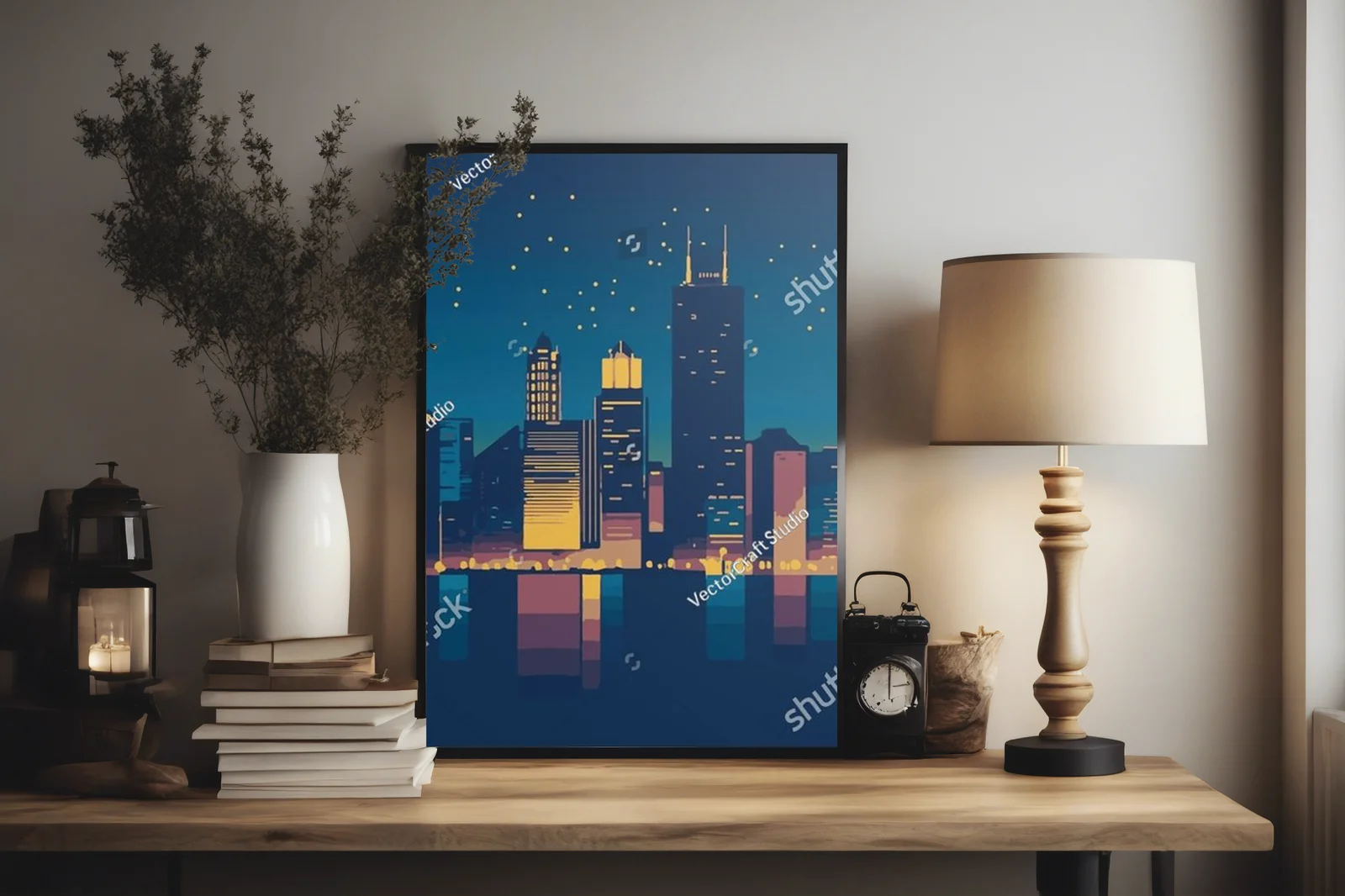 Minimalistyczna panorama Chicago w nocnym blasku
