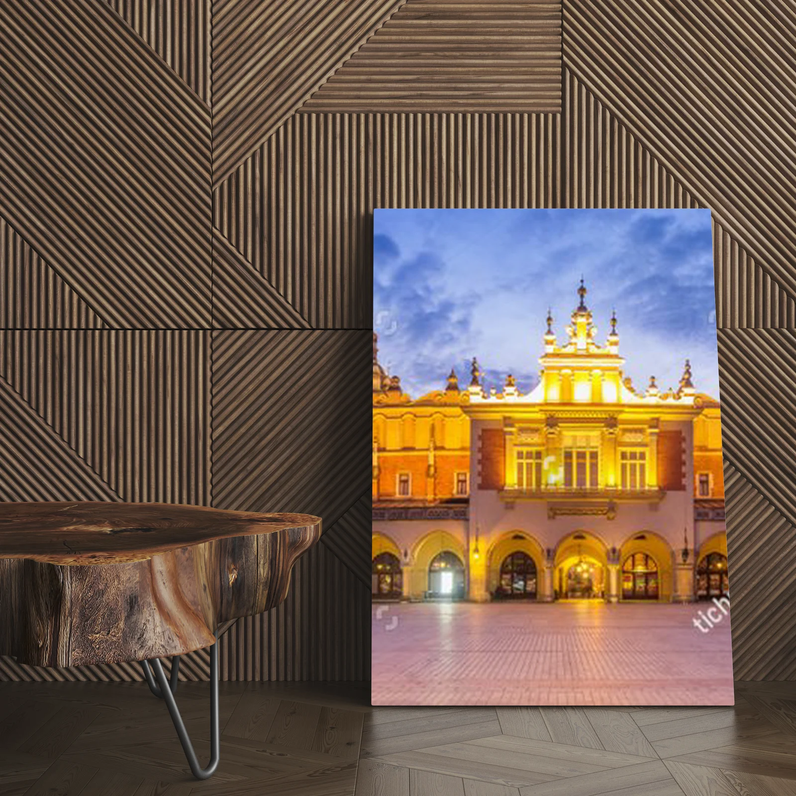 Nocna panorama Sukiennic z niebieskimi akcentami